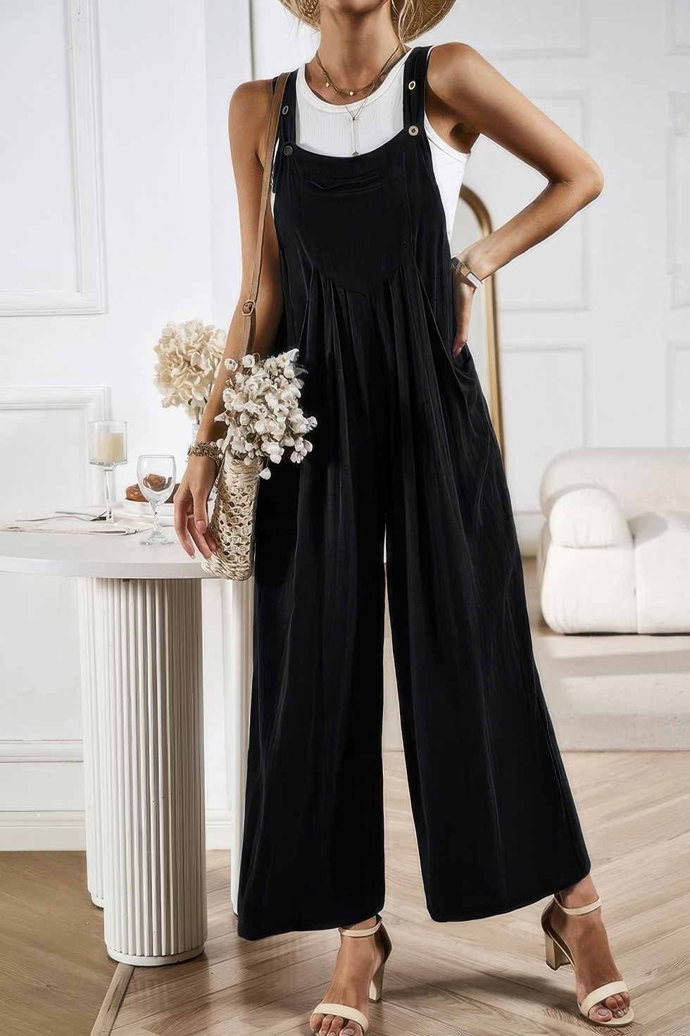 Thumbnail: Button Detail Wide Leg Overall Pockets Jumpsuit