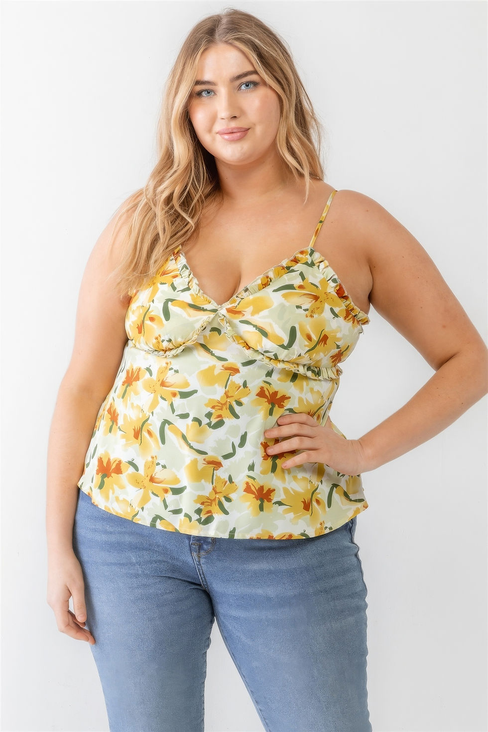 Thumbnail: Plus Floral Print Woven Ruffle Sleeveless Back Zipper Tank Top