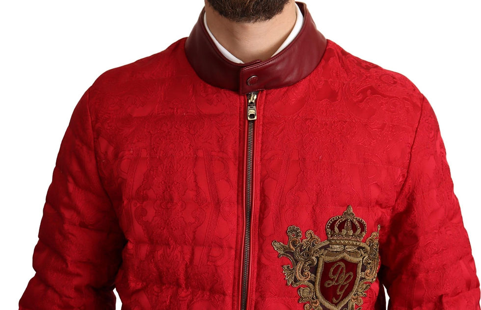Thumbnail: Dolce & Gabbana Red Brocade Bomber Gold Crown Logo Coat Jacket