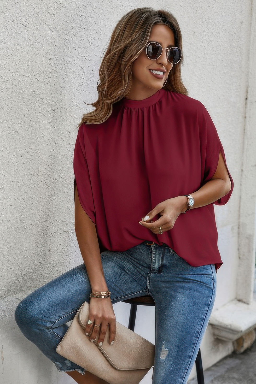 Thumbnail: Mock Neck Batwing Sleeve Solid Loose Blouse