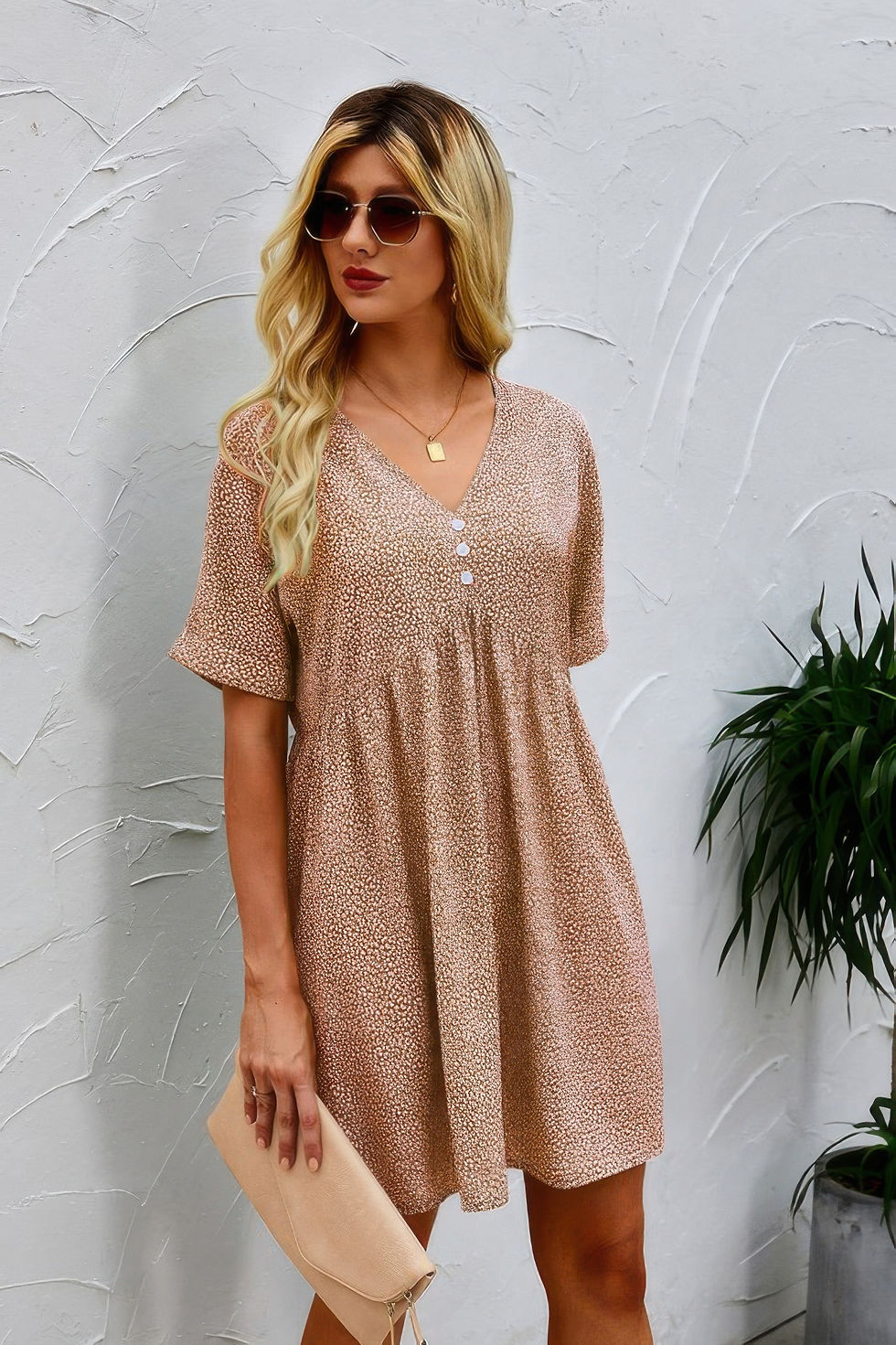 Thumbnail: Button V Neck Short Sleeve Tunic Short Dress