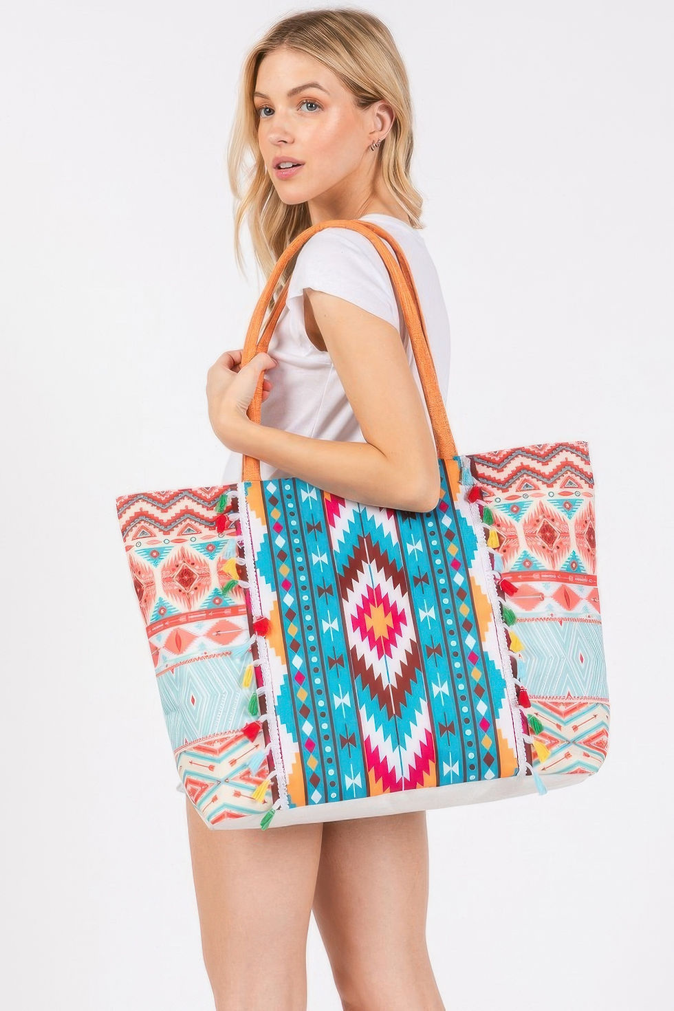 Thumbnail: Boho Style Aztec Pattern Tassel Summer Tote Bag