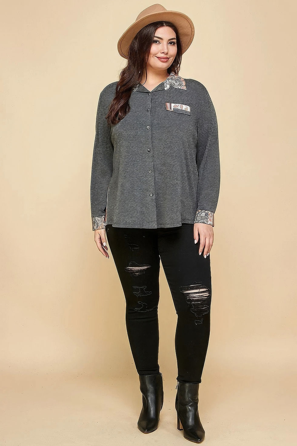 Thumbnail: Plus Size Printed Patchwork Contrast Button Up Shirt