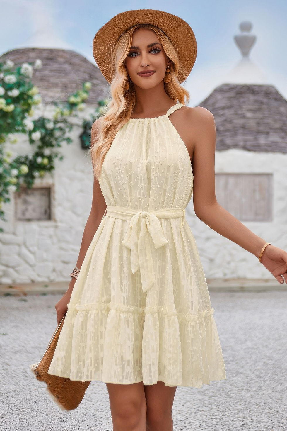 Thumbnail: Solid Halter Neck Sleeveless Waist Tie Ruffle Dres