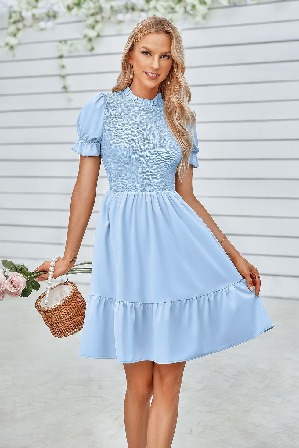 Thumbnail: Solid Puff Sleeve Shirred Detail Ruffle Hem Dress