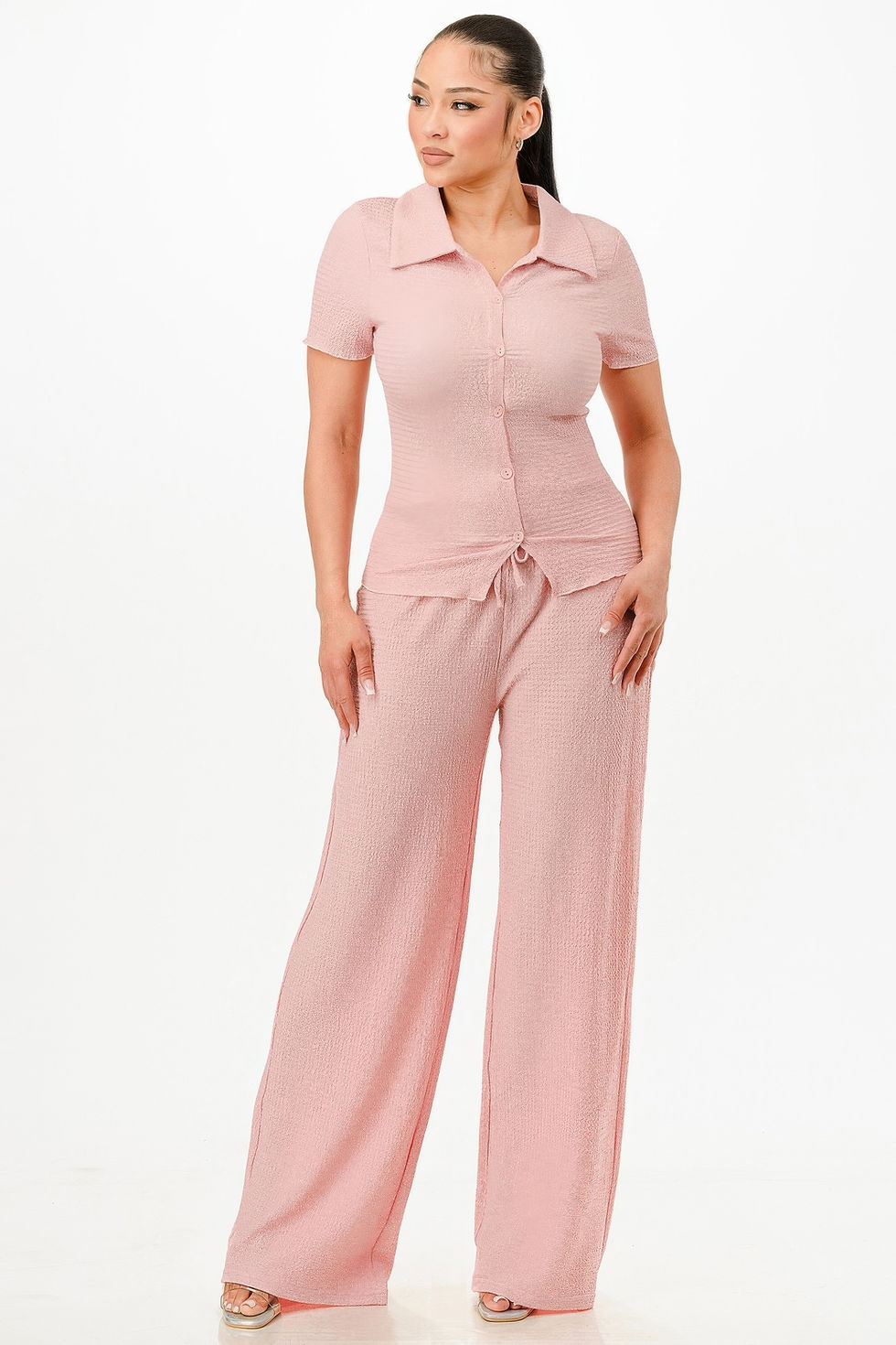 Thumbnail: Textured Polo Top And Pants Set