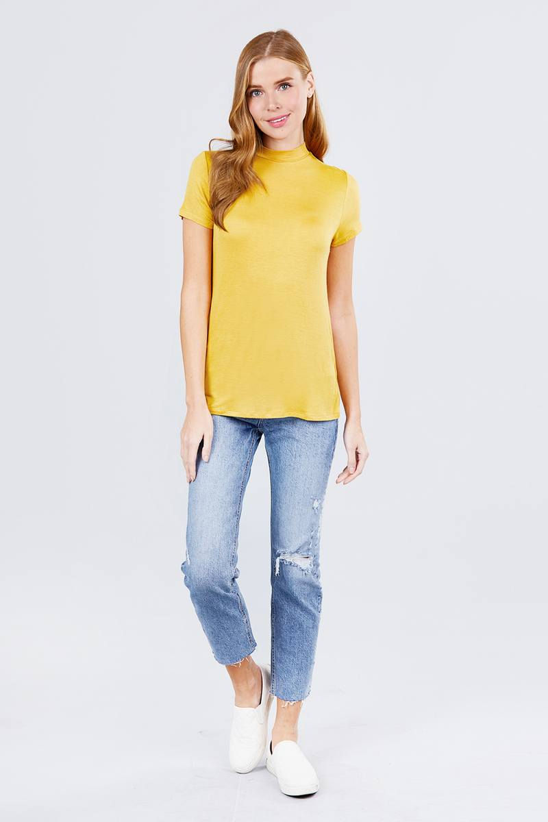 Thumbnail: Short Sleeve Mock Neck Rayon Spandex Rib Top