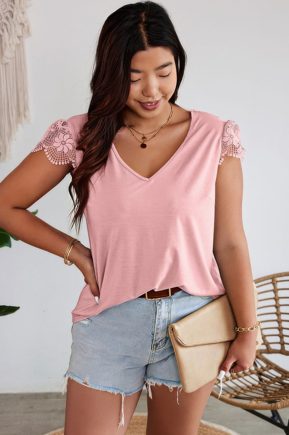 Thumbnail: Solid V Neck Lace Splicing Back Bowknot T Shirt