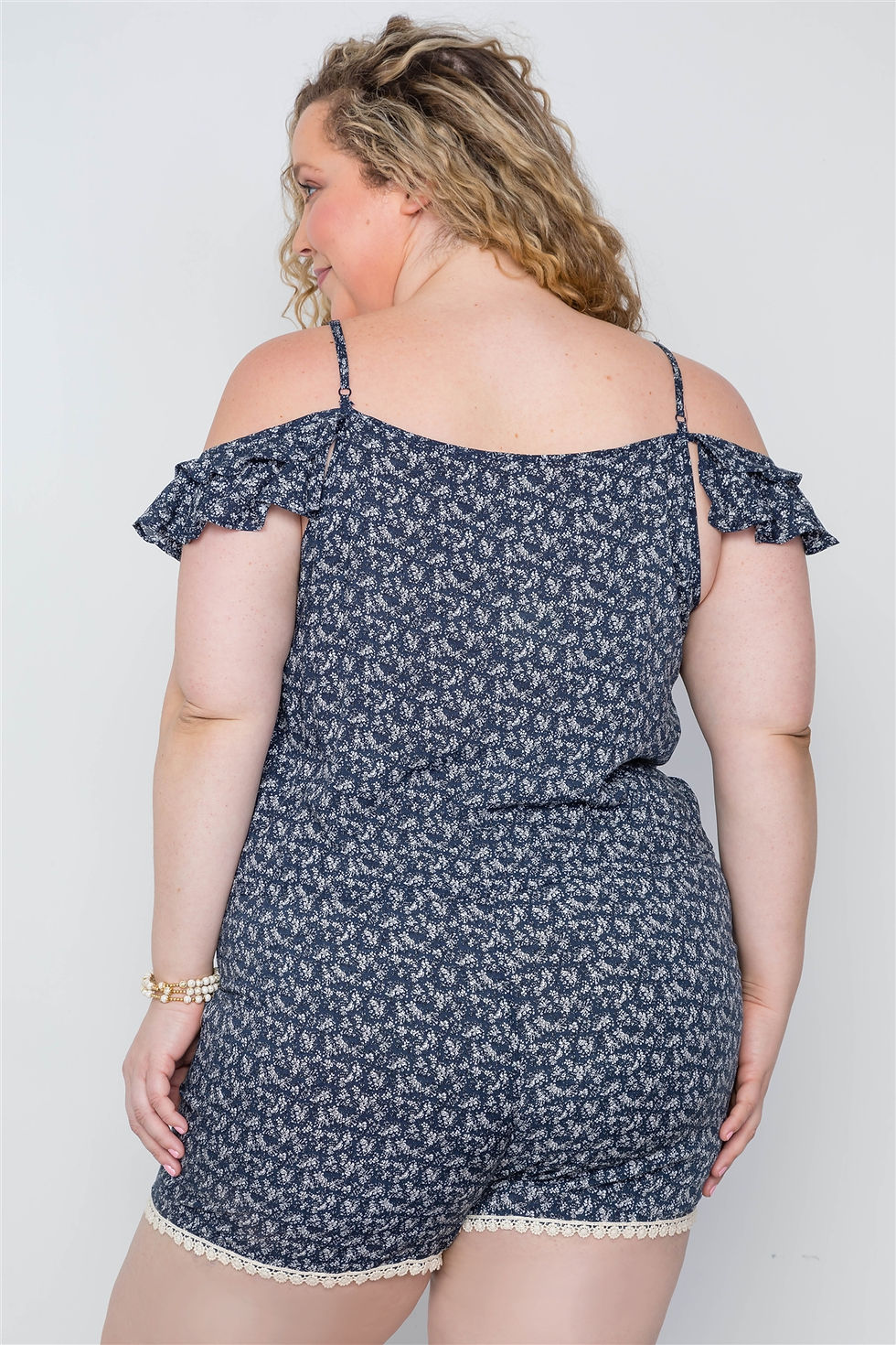 Thumbnail: Plus Size Navy Floral Print Lace Up Romper