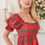 Thumbnail: Plaid Print Baby Doll Puff Sleeve Top With Contrasting Lace Trim Detail