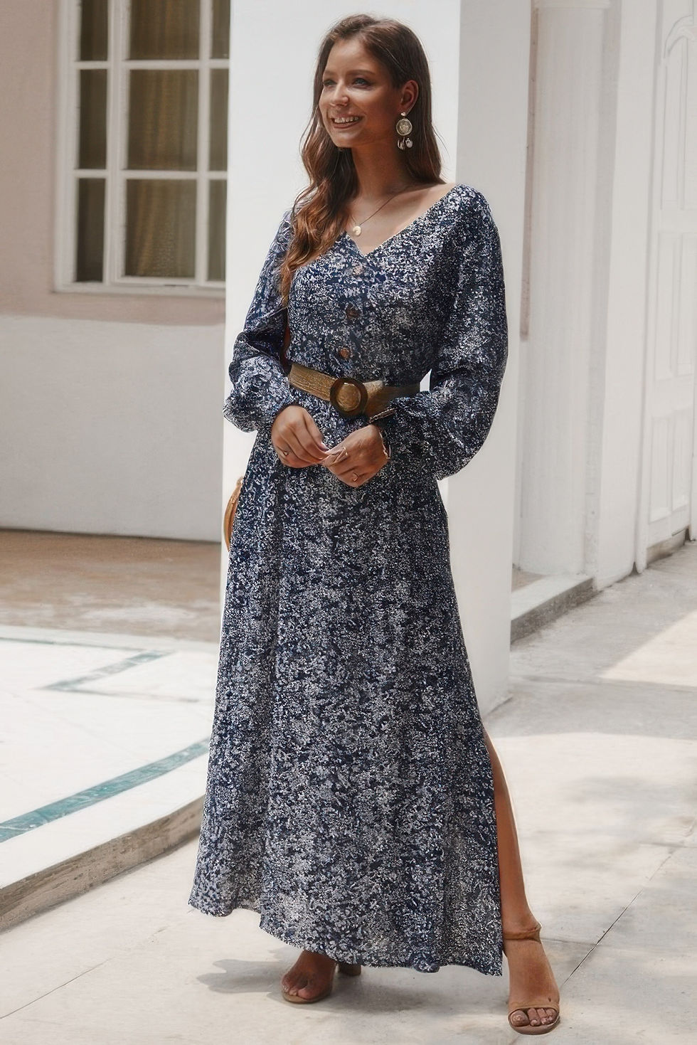 Thumbnail: Floral V Neck Long Sleeve Full Dress