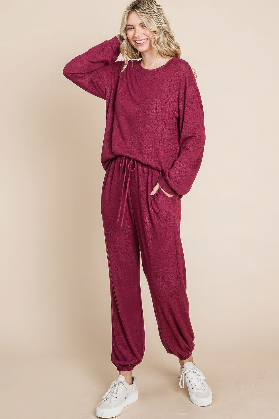 Thumbnail: Two Tone Solid Warm And Soft Hacci Brush Loungewear Set
