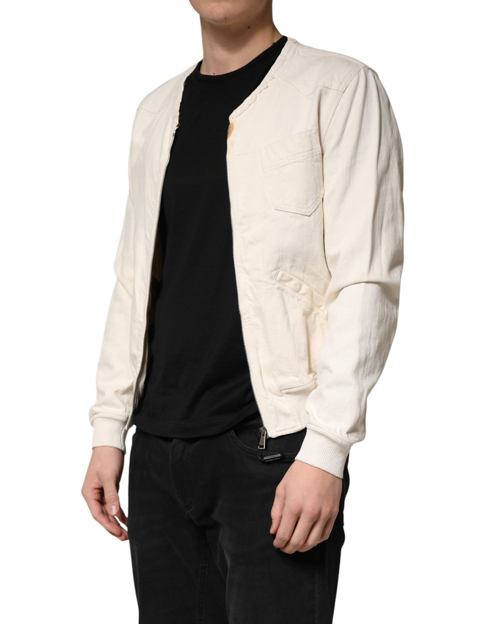 Thumbnail: Dolce & Gabbana Off White Cotton Full Zip Denim Men Blouson Jacket