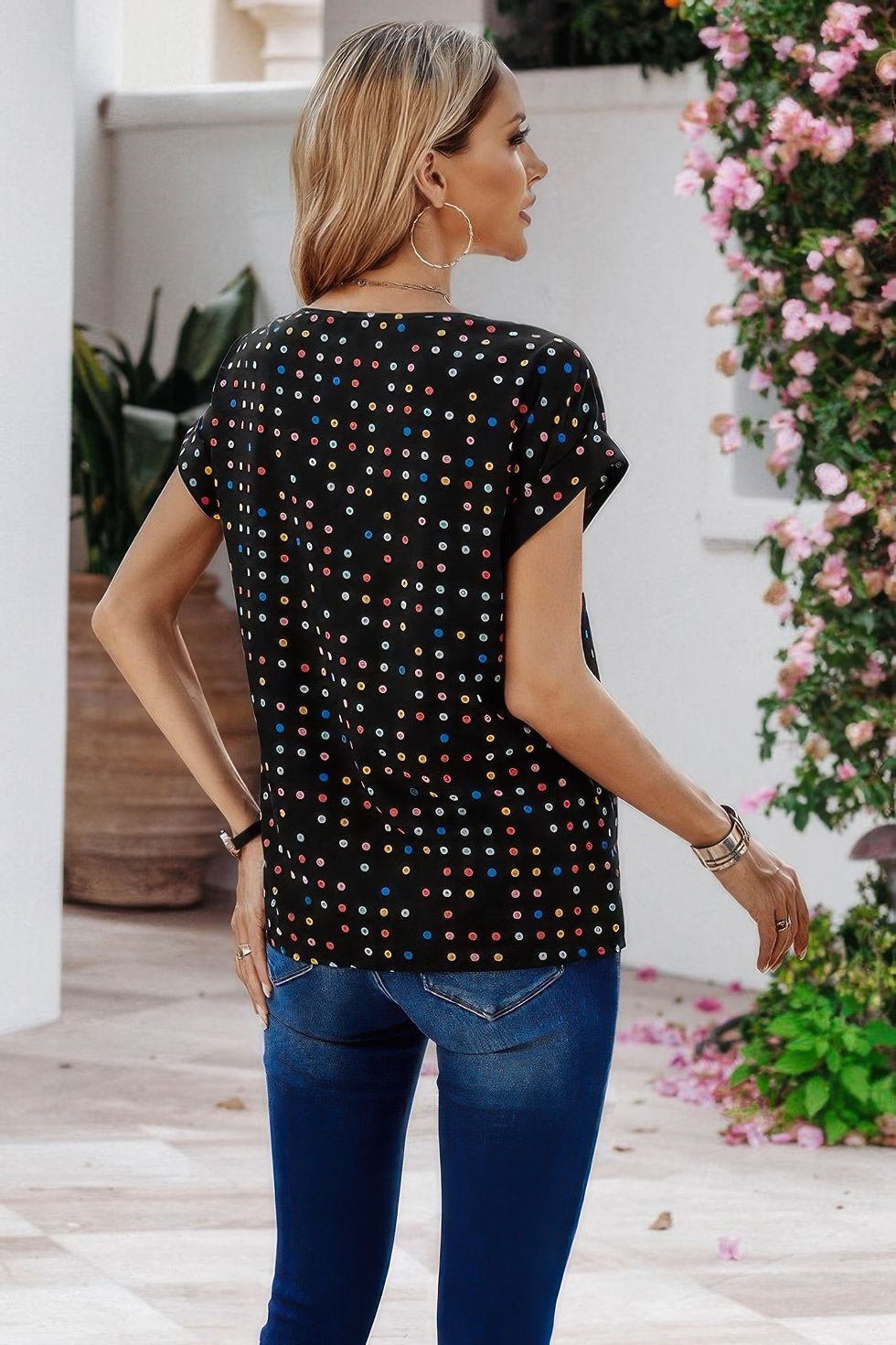 Thumbnail: Scoop Neck Polka Dot Batwing Sleeve Blouse