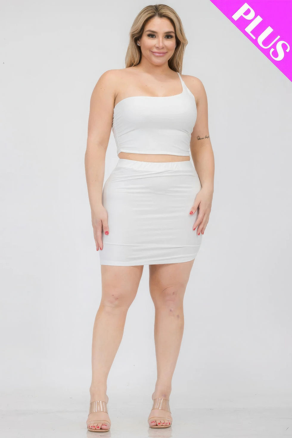 Thumbnail: Plus Size One Shoulder Ruched Crop Top & Mini Skirt Set