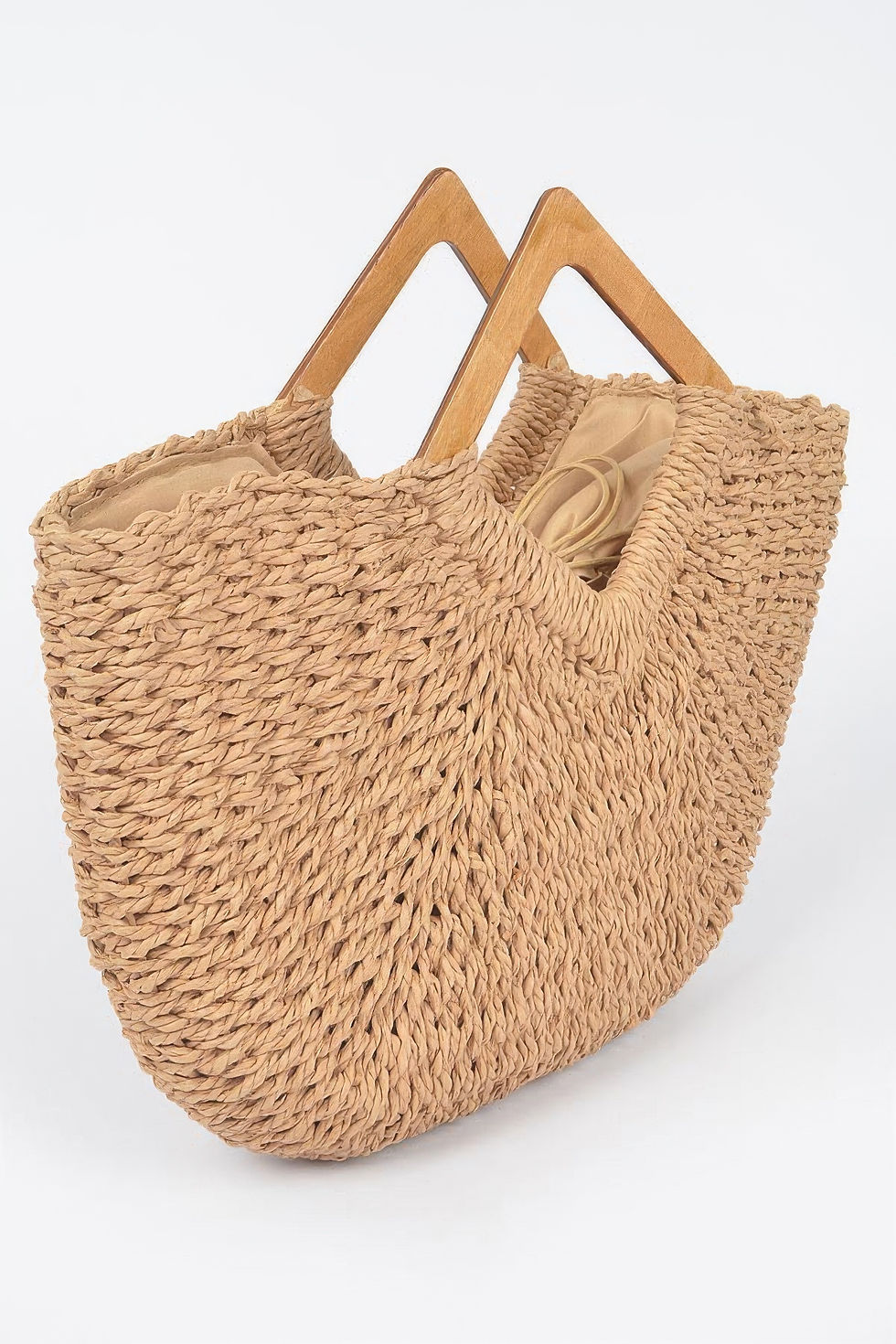 Thumbnail: Faux Straw Wood Handle Tote Bag