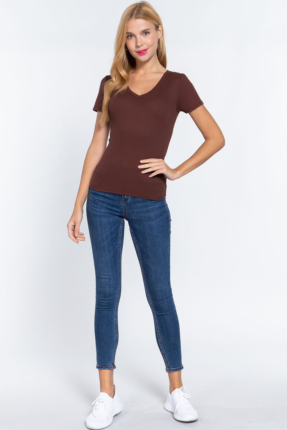 Thumbnail: Short Sleeve V-neck Rib Top