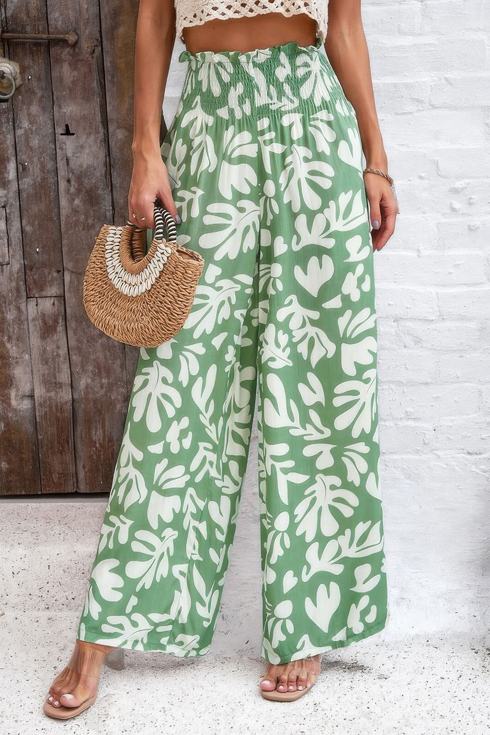 Thumbnail: Allover Print Folded Frill Wide Leg High Waist Pant