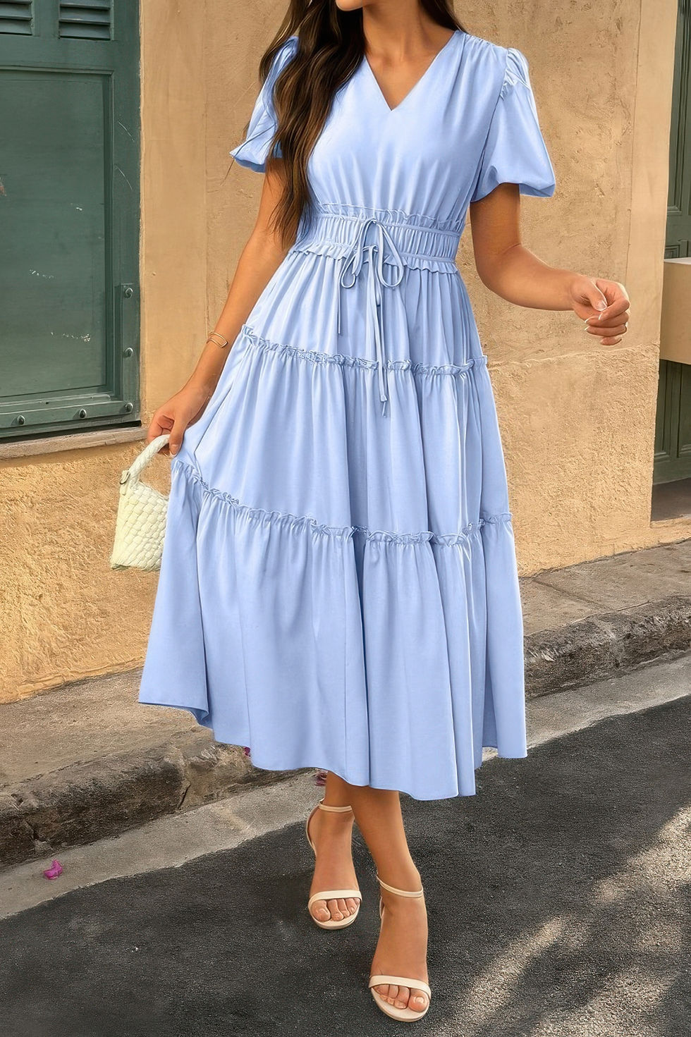 Thumbnail: Solid V Neck Puff Sleeve Elastic Waist Dress