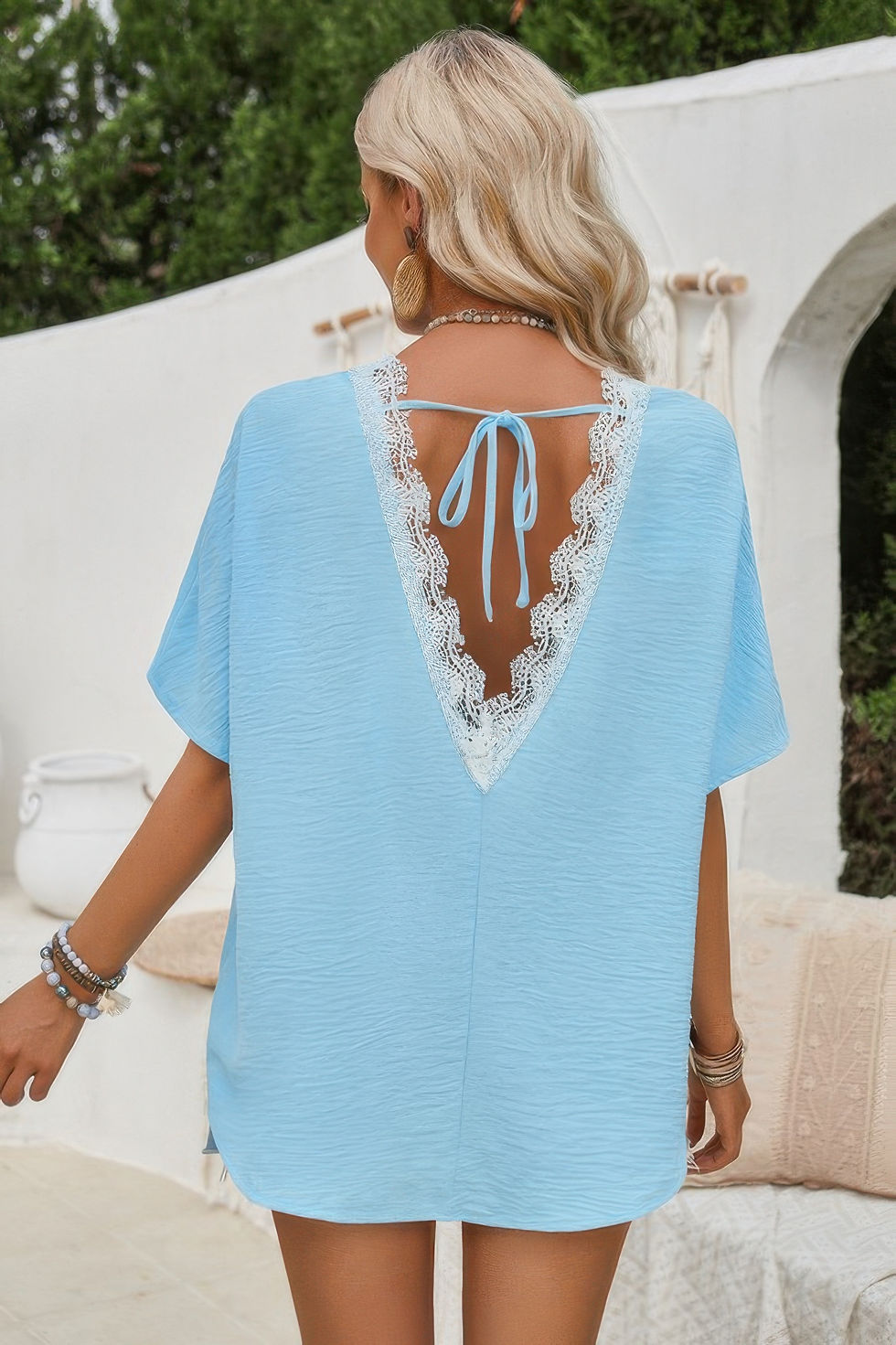 Thumbnail: Knot Back Open Back Lace Trim Solid Loose Fit Top