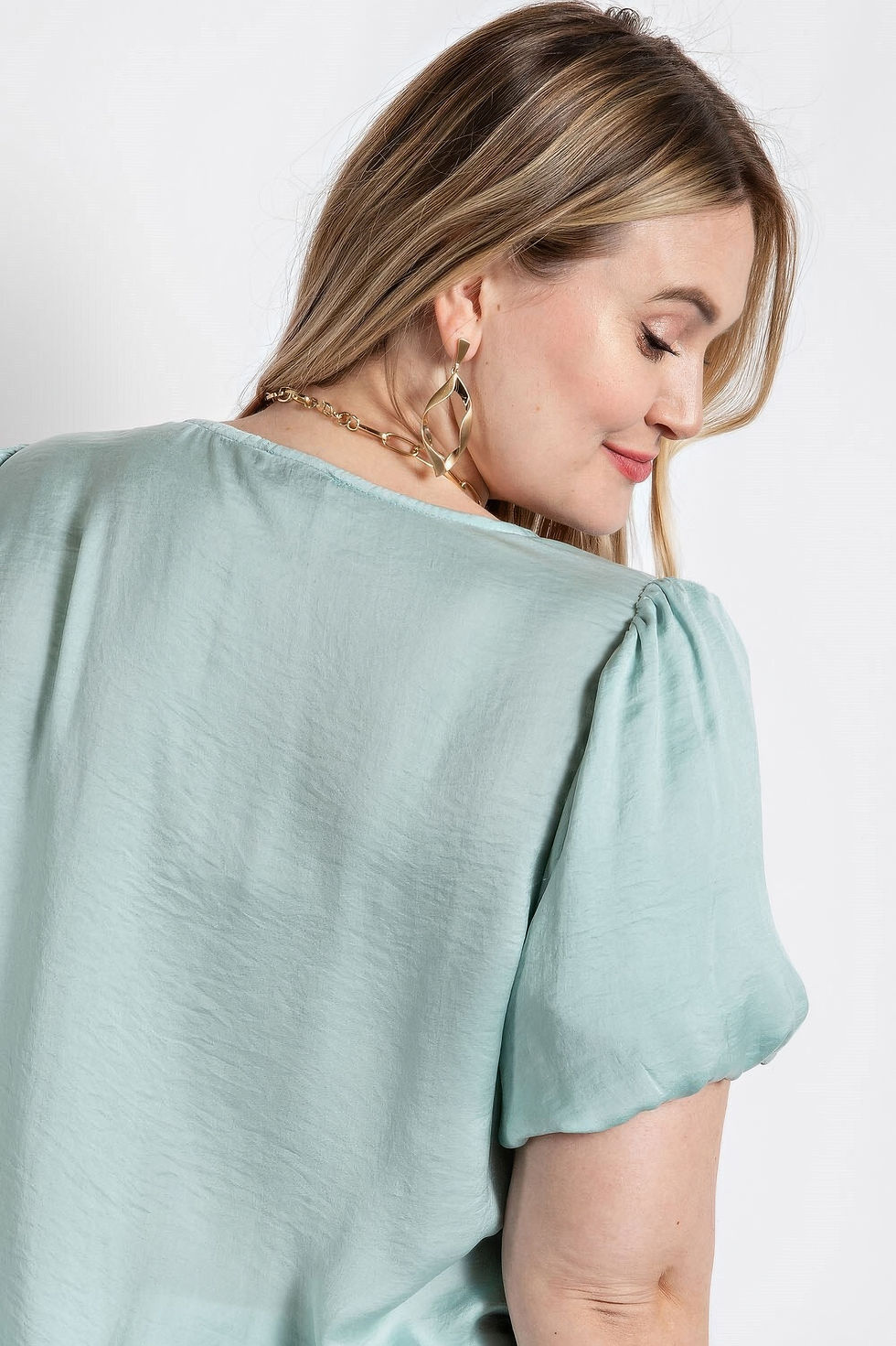 Thumbnail: Satin Top With Ruffle Yoke And Puff Sleeves