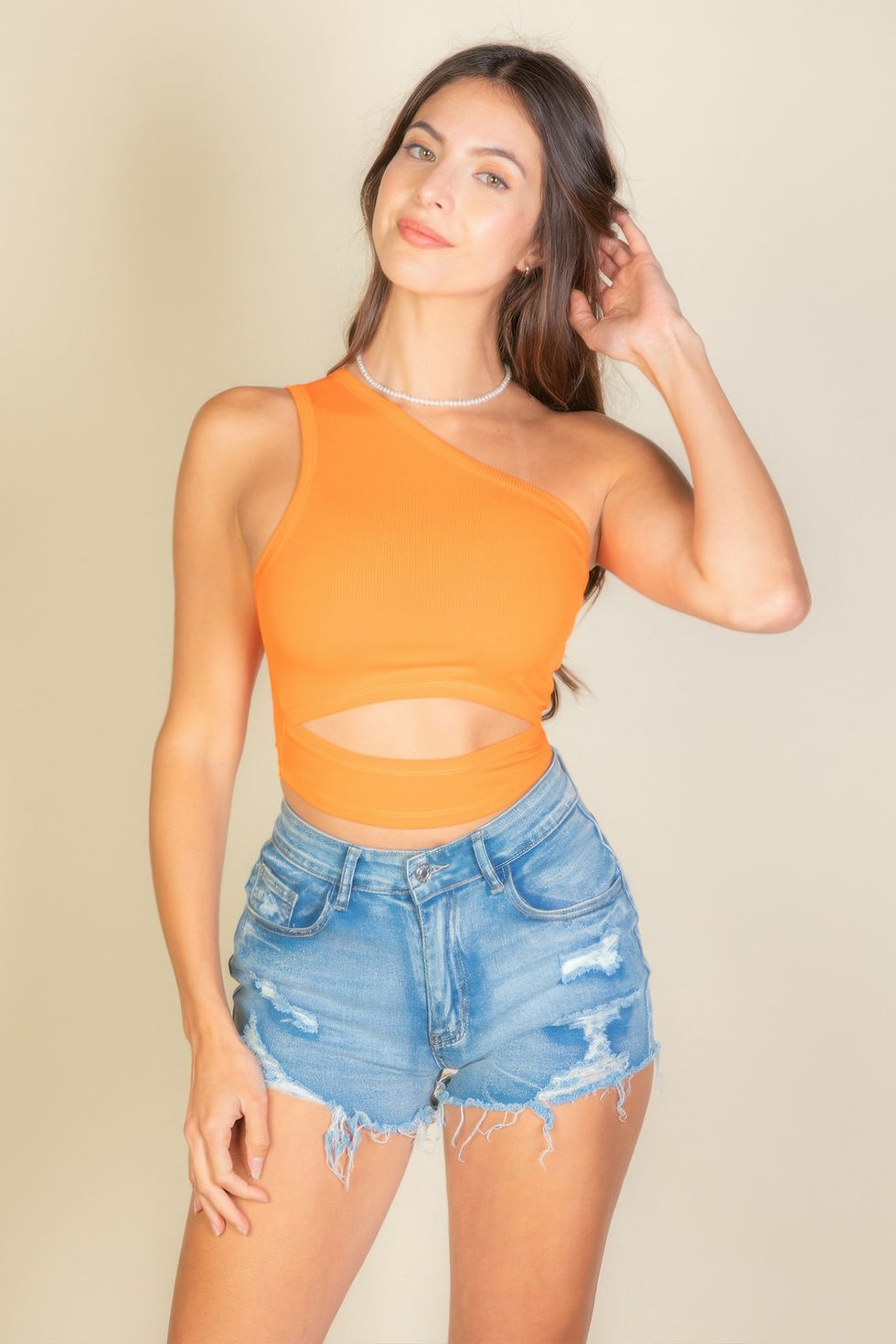 Thumbnail: Ribbed Knit Cut Out One Shoulder Crop Top