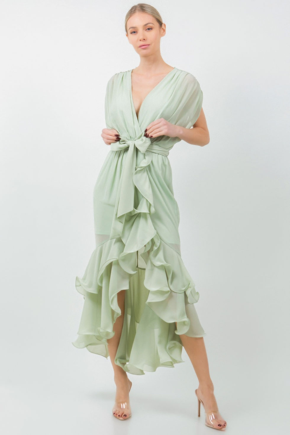 Thumbnail: Solid Tie Waist Ruffle Midi Dress