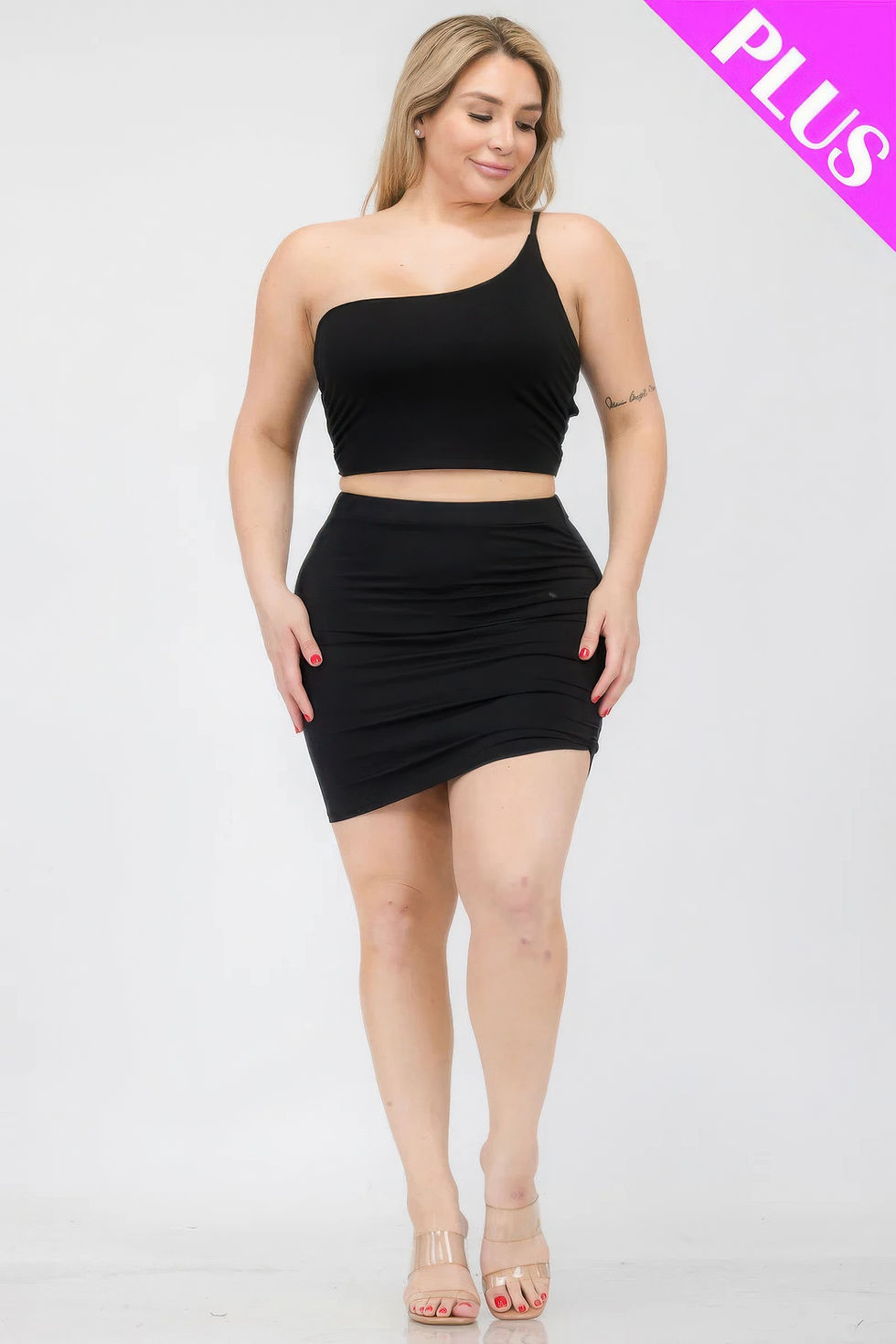 Thumbnail: Plus Size One Shoulder Ruched Crop Top & Mini Skirt Set