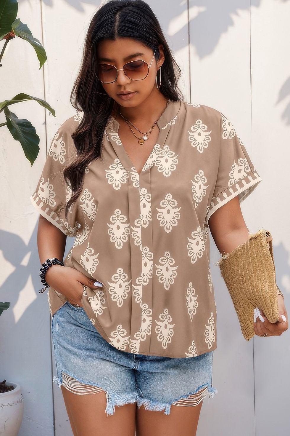 Thumbnail: Plus Size Short Sleeve V Neck Printed Blouse
