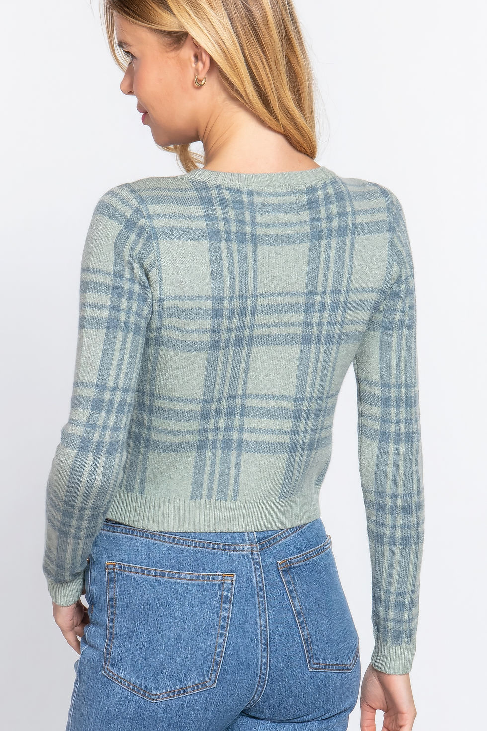 Thumbnail: Long Sleeve V-neck Fitted Button Down Plaid Sweater Cardigan