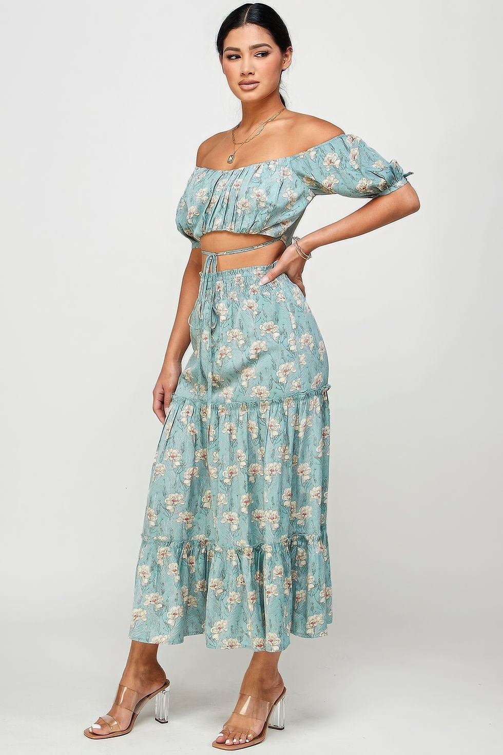 Thumbnail: Floral Off Shoulder Sleeve Back Tie Top Skirt Set