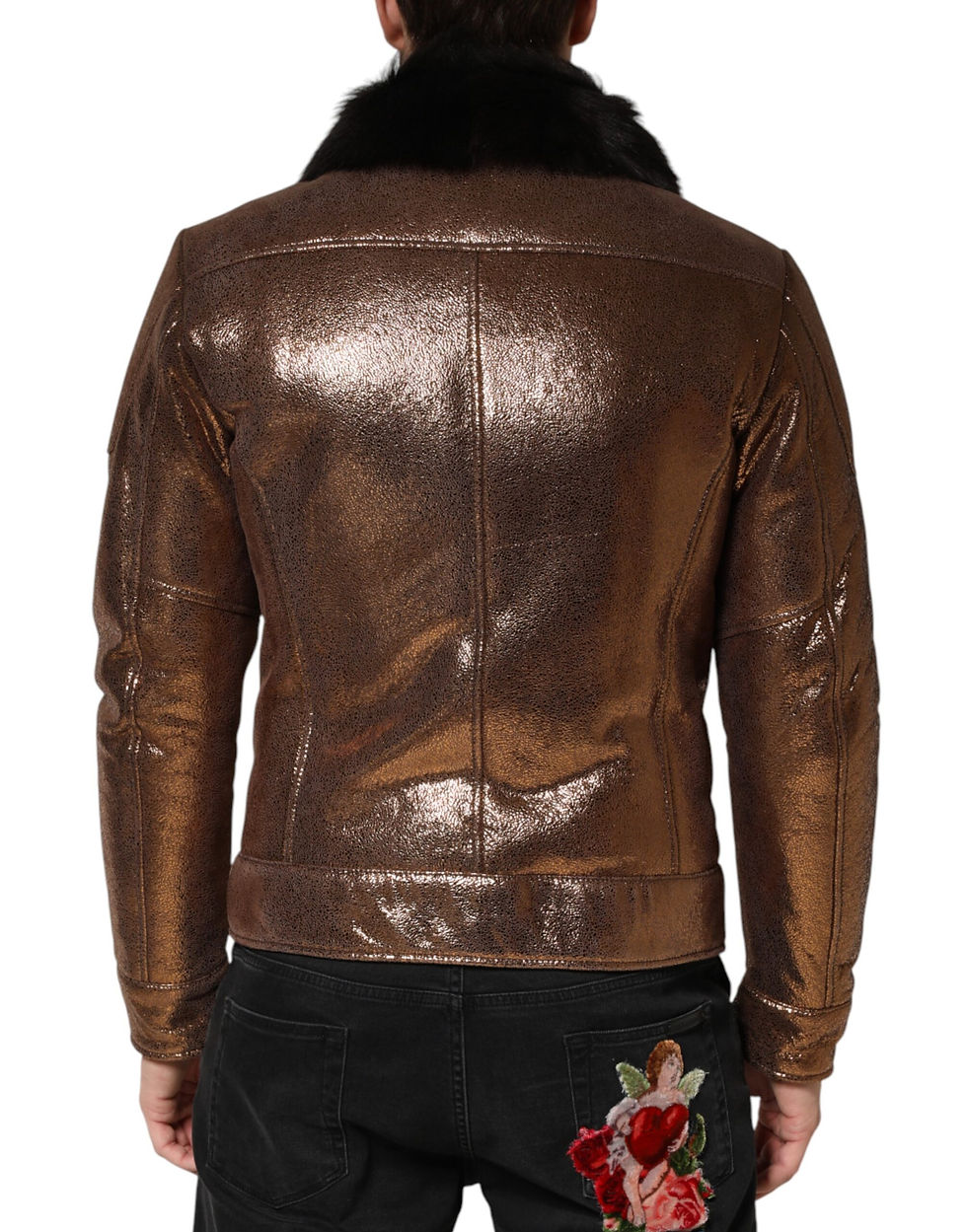 Thumbnail: Dolce & Gabbana Bronze Leather Fur Full Zip Men Biker Jacket