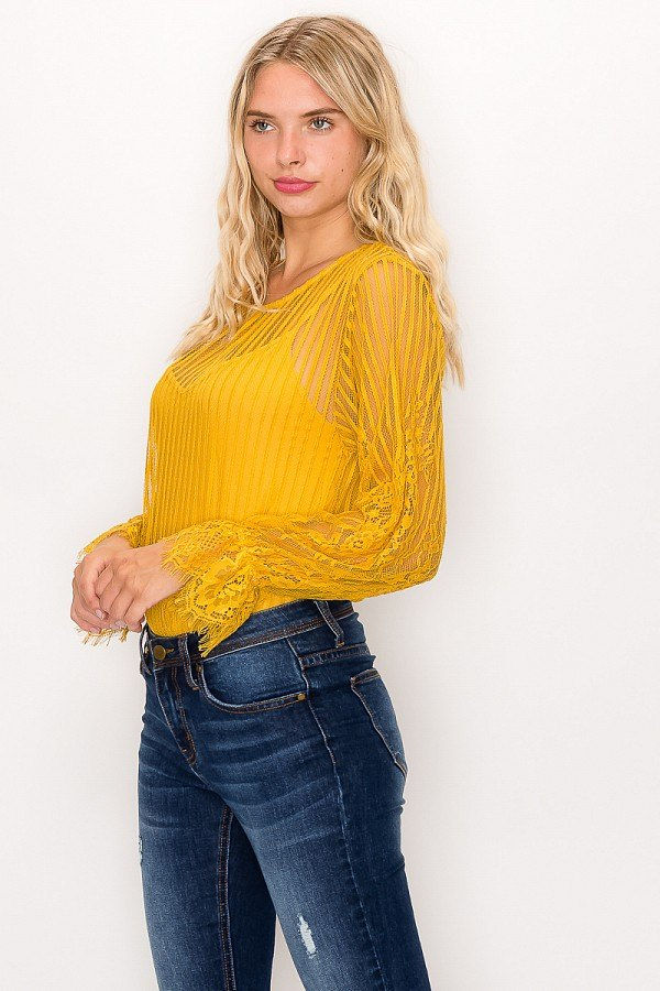 Thumbnail: Lace Trim Shadow Stripe Bodysuit