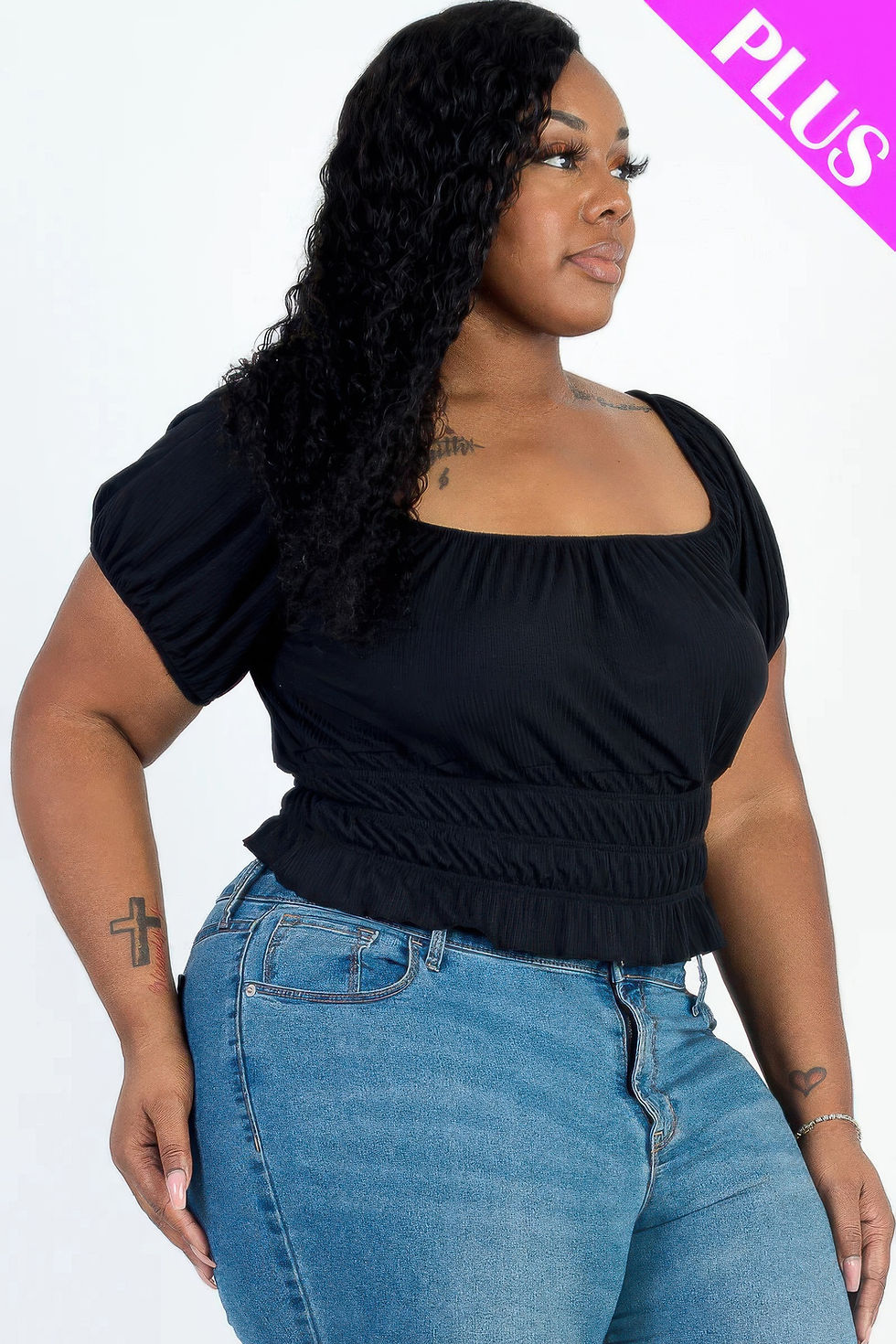 Thumbnail: Plus size casual ruched puff sleeve ribbed knit solid top