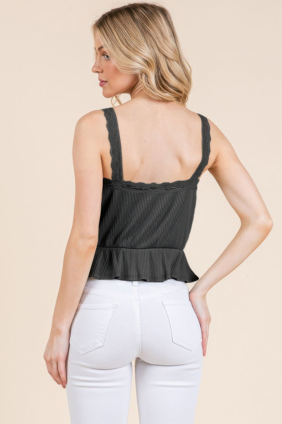 Thumbnail: Lace Peplum Tie Front Ribbed Cami Top