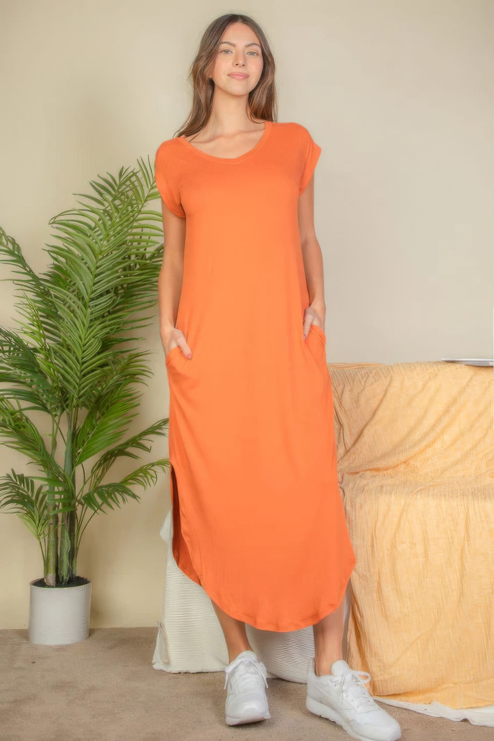 Thumbnail: Hidden Pocket Batwing Sleeve V Neck Long Dress