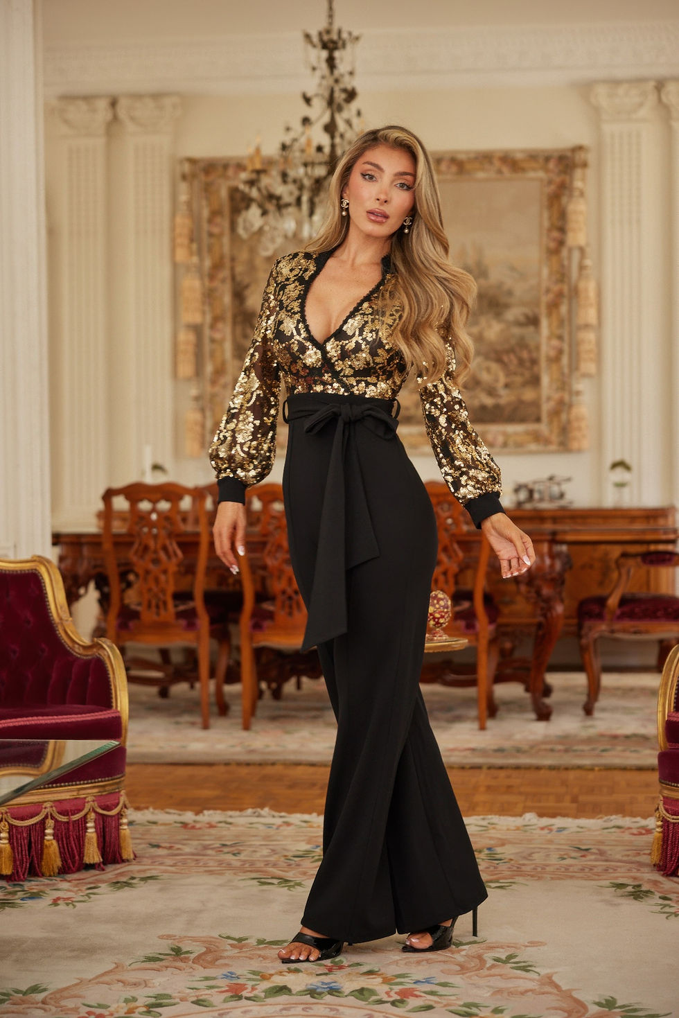 Thumbnail: Flower Vein Sequin Print Jumpsuit