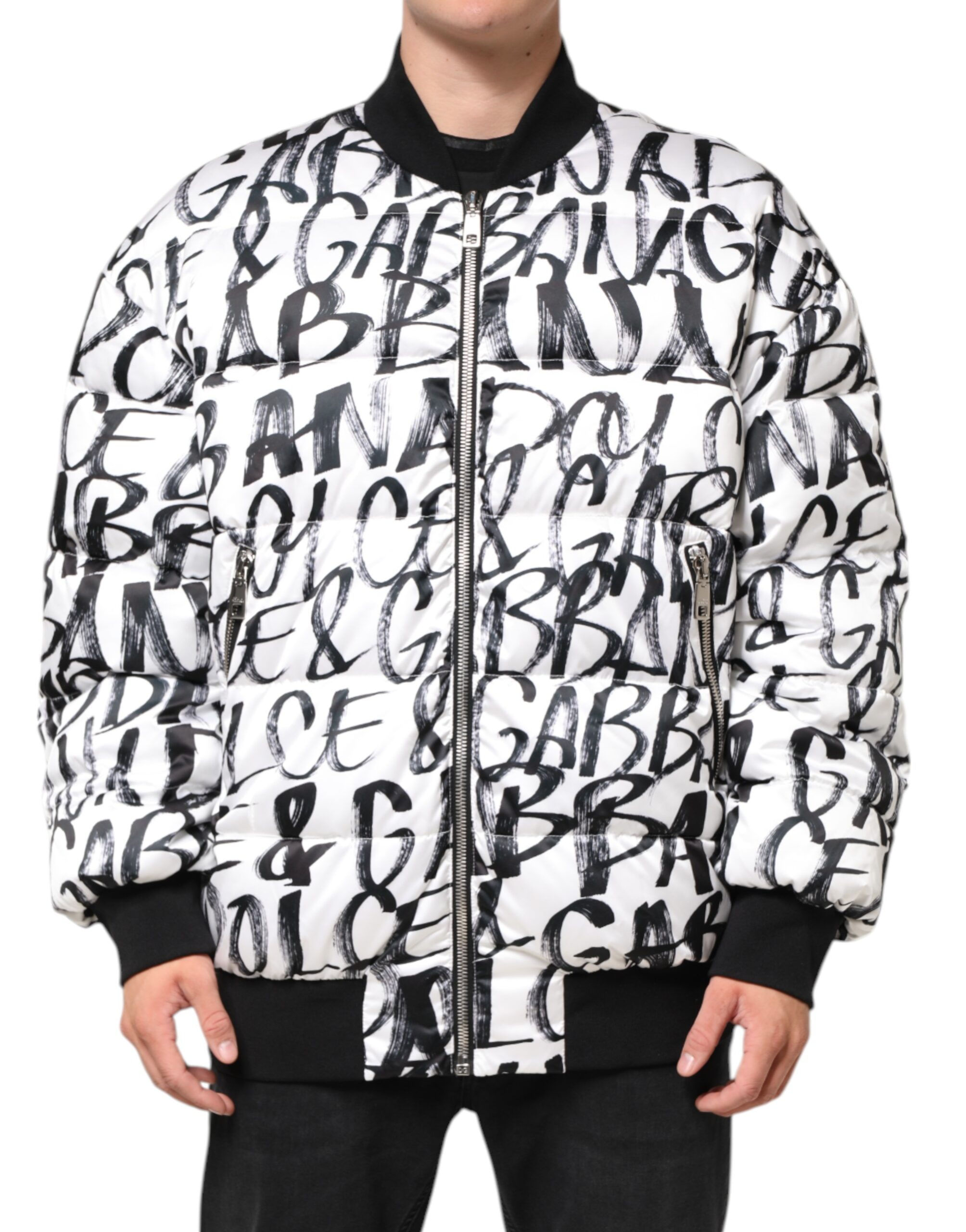 Dolce & Gabbana White Black Graffiti Logo Puffer Bomber Jacket