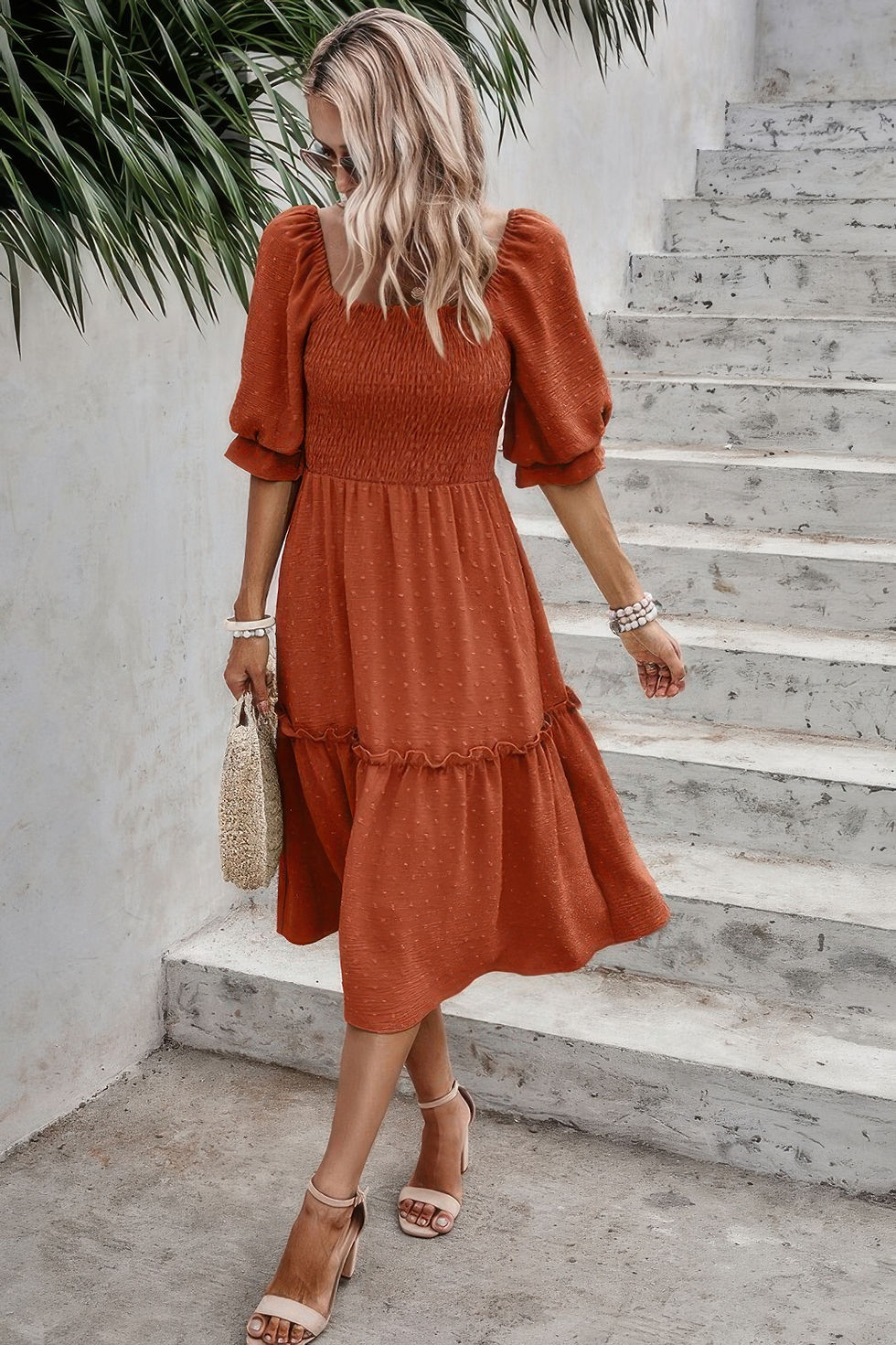 Thumbnail: Square Neck Puff Sleeve Ruffle Hem Dress