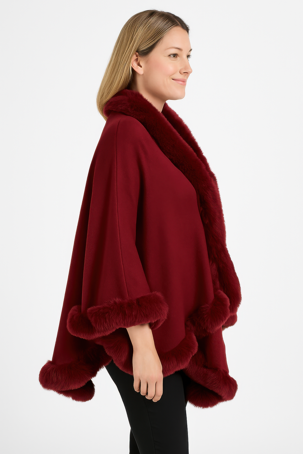 Thumbnail: Crimson Elegance Faux Fur Trim Cape