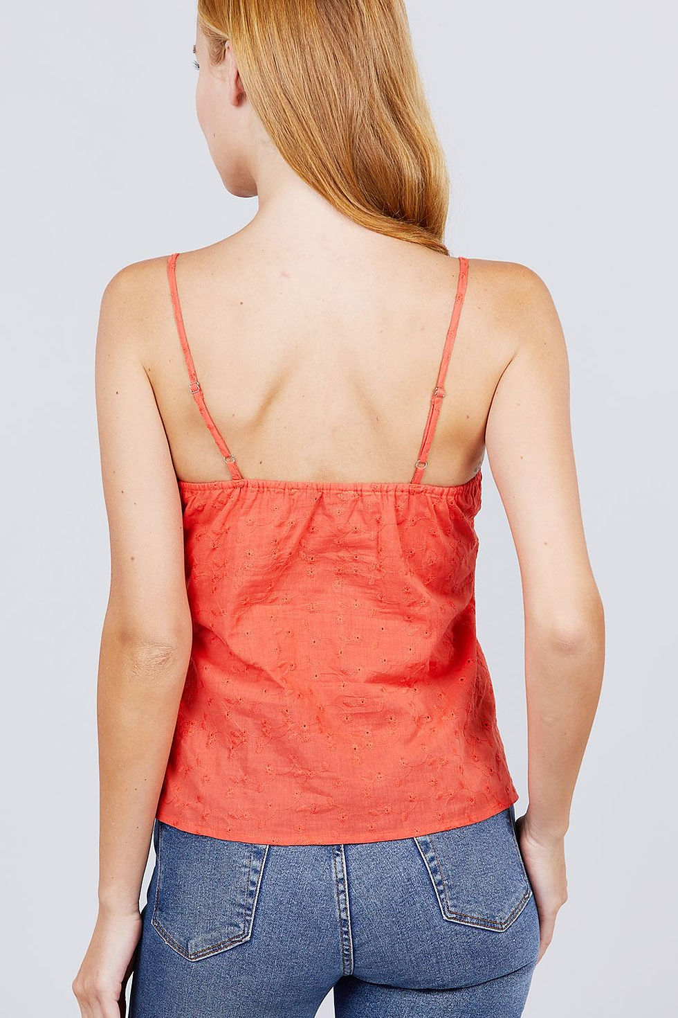 Thumbnail: V-neck w/front bow tie eyelet woven cami top