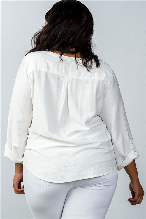 Thumbnail: Plus Size Oatmeal Stand-up Collar Roll Tab Sleeve Blouse