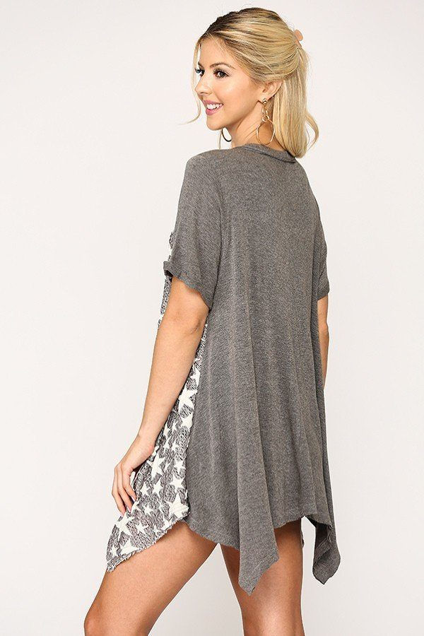 Thumbnail: Star Textured Knit Mixed Tunic Top With Shark Bite Hem