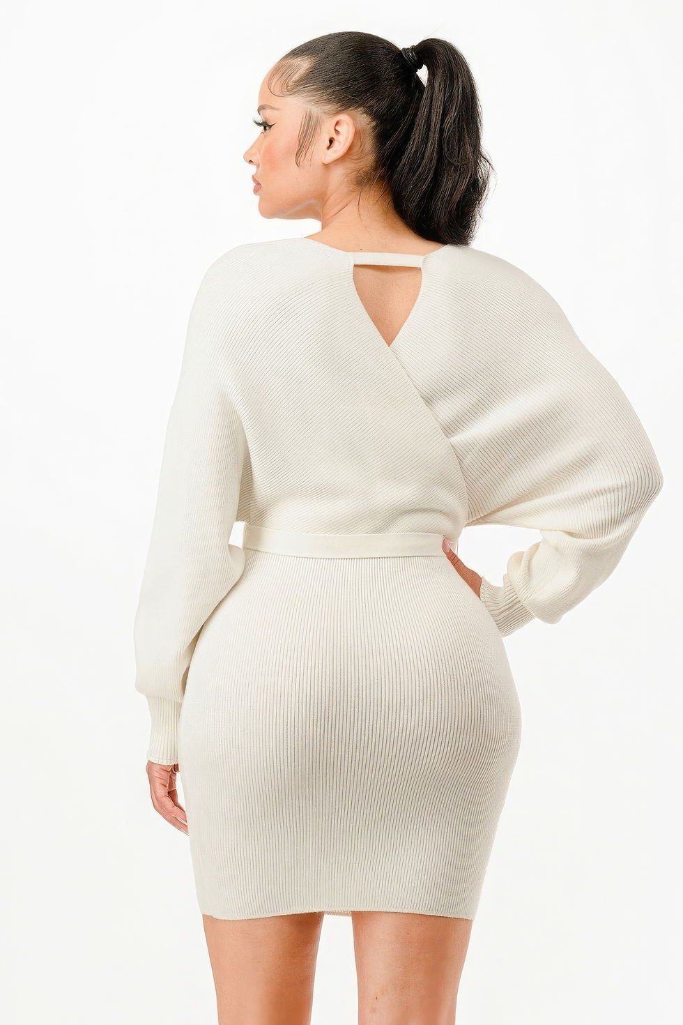 Thumbnail: Off Shoulder Wrap Belted Ribbed Sweather Dress