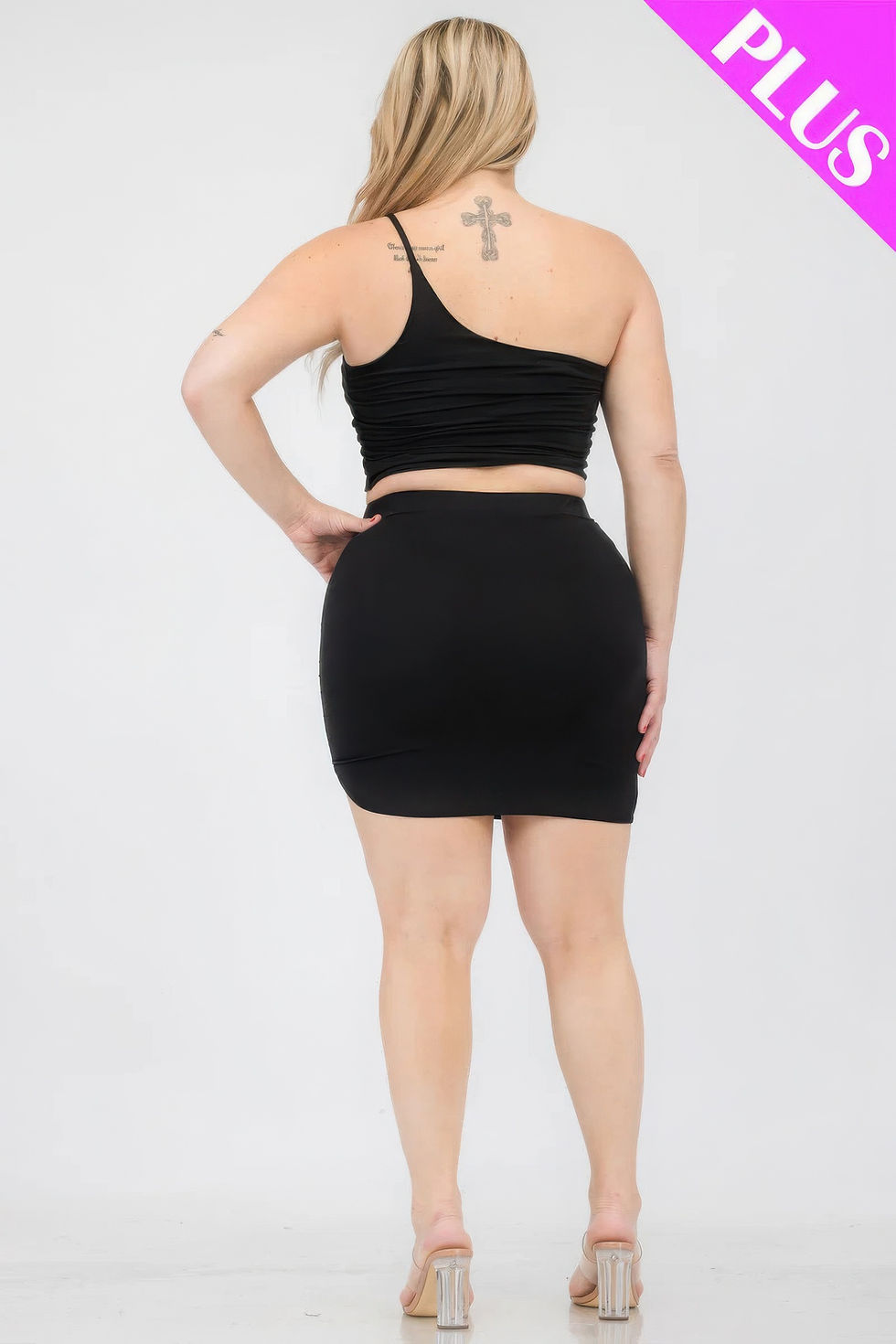Thumbnail: Plus Size One Shoulder Ruched Crop Top & Mini Skirt Set