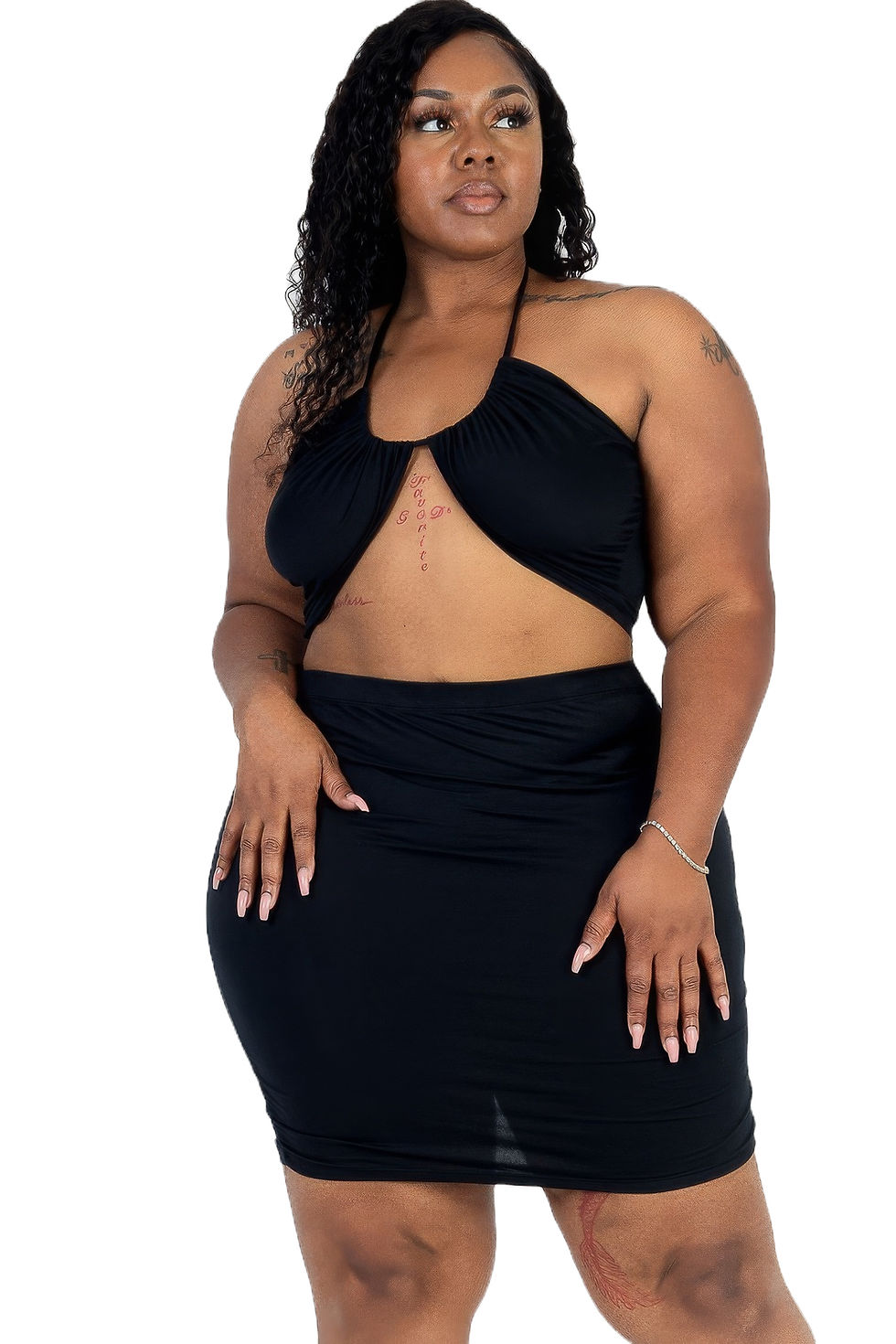 Thumbnail: Plus Size Sexy Solid Crisscross Halter Top & Ruched Mini Skirt Set