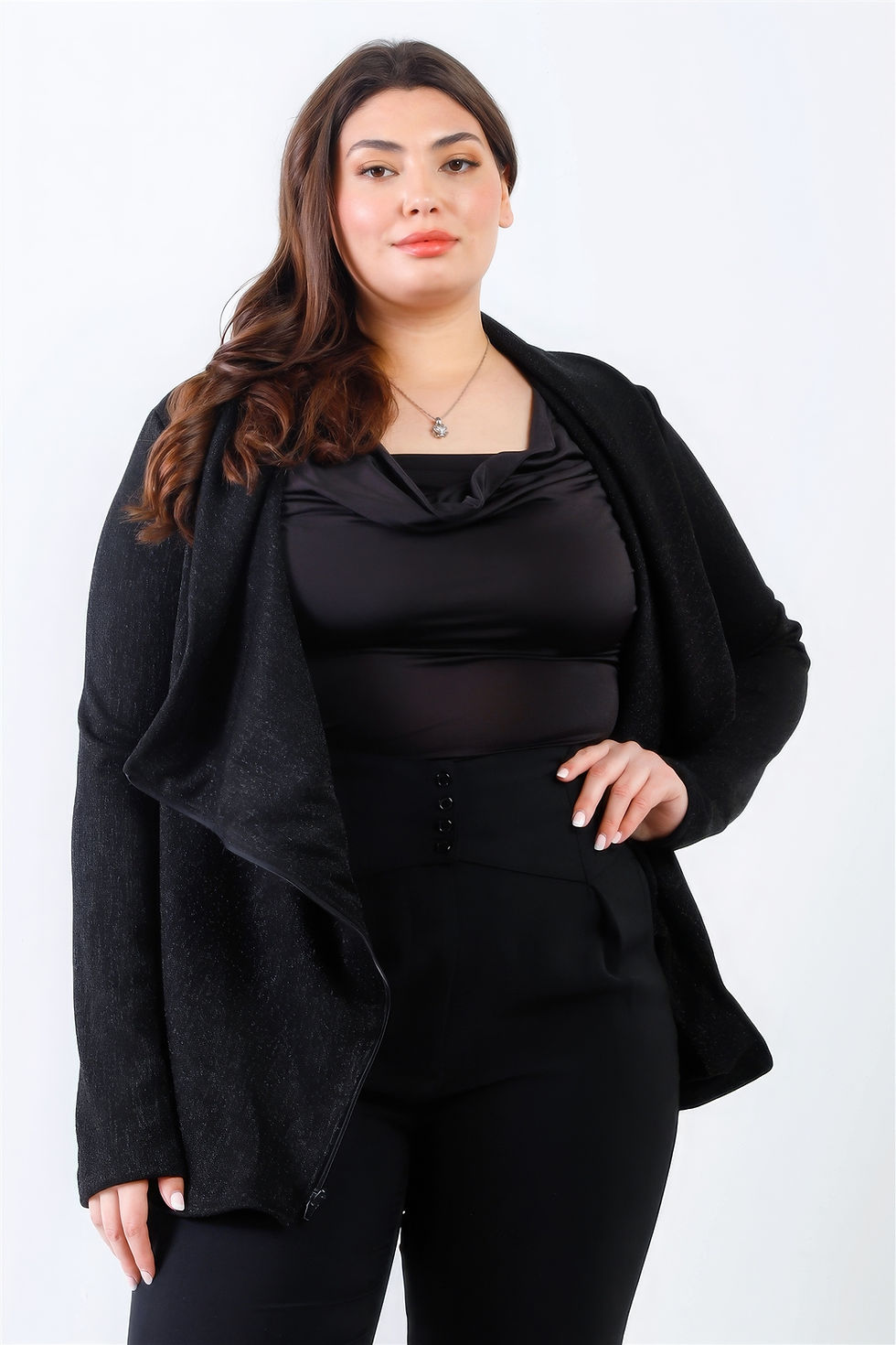 Thumbnail: Plus Black Lurex Draped Collar Side Zip Up Lightweight Jacket
