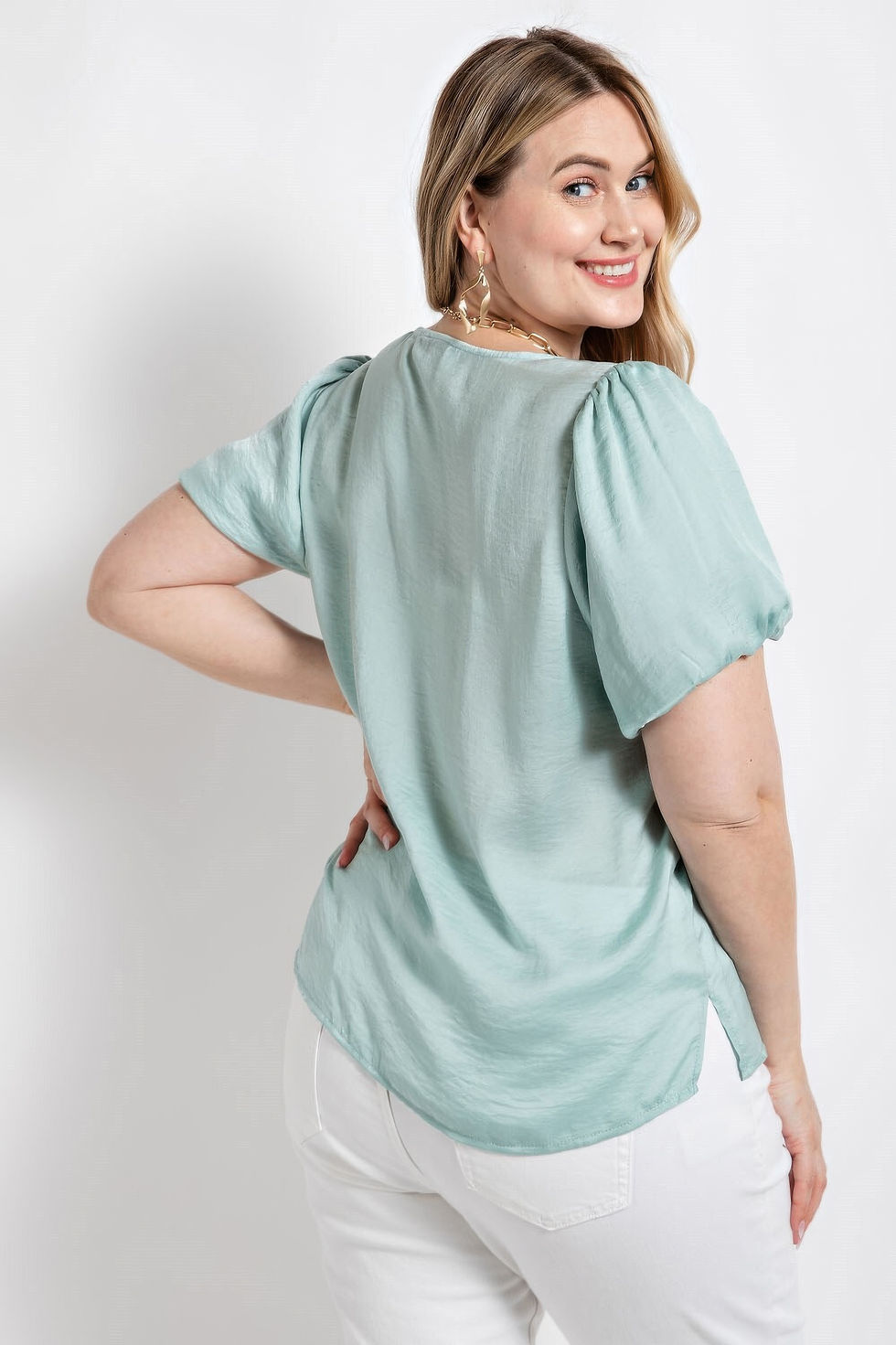 Thumbnail: Satin Top With Ruffle Yoke And Puff Sleeves