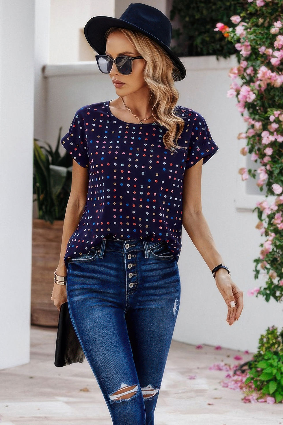 Thumbnail: Scoop Neck Polka Dot Batwing Sleeve Blouse