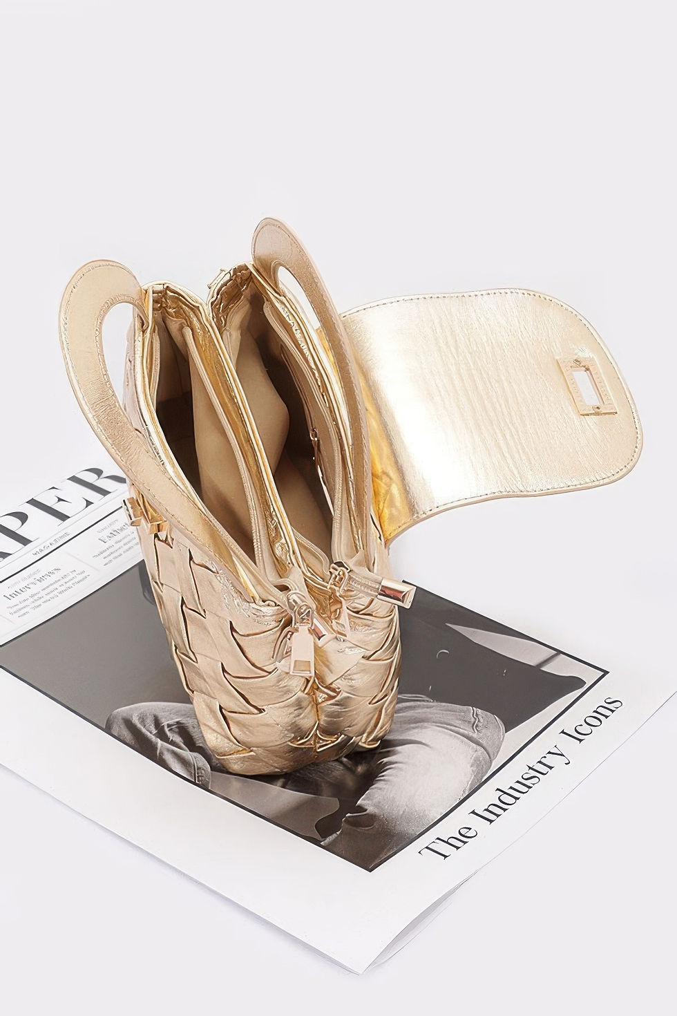 Thumbnail: Faux Metallic Leather Braided Embossed Handle Bag